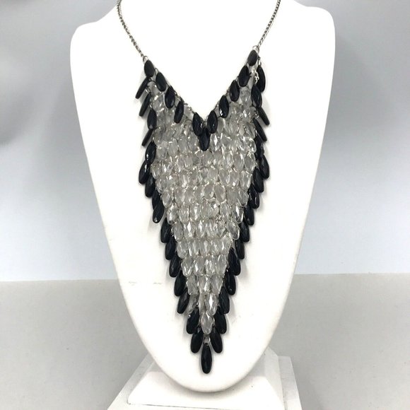 Chain Black‎ Clear Tear Drop Beads Fringe Necklace 20” BIB Statement - Picture 1 of 9